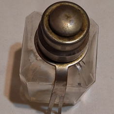 Flacon din sticla cu dop de metal recipient pt parfum, arta decorativa anii 1930