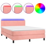 Cumpara ieftin Pat cu arcuri, saltea si LED, roz, 140x200 cm, catifea