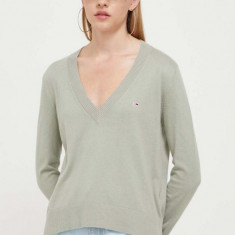 Tommy Jeans pulover femei, culoarea verde, light, cu guler