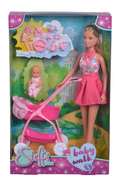 Papusa Steffi In Rochita Roz Si Cu Carucior Bebe