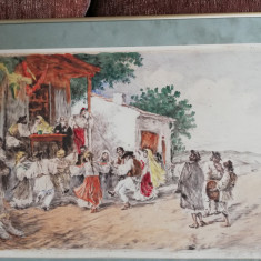 Gravura dupa Nunta de la Aninoasa Theodor Aman,deosebita,50x30cm,colorata manual
