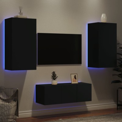 Unități de perete TV cu LED-uri, 4 piese, negru, lemn prelucrat foto