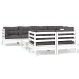 Set mobilier de gradina cu perne, 8 piese, alb, lemn masiv pin