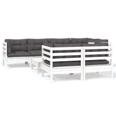 Set mobilier de gradina cu perne, 8 piese, alb, lemn masiv pin