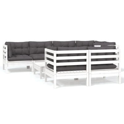 Set mobilier de gradina cu perne, 8 piese, alb, lemn masiv pin foto