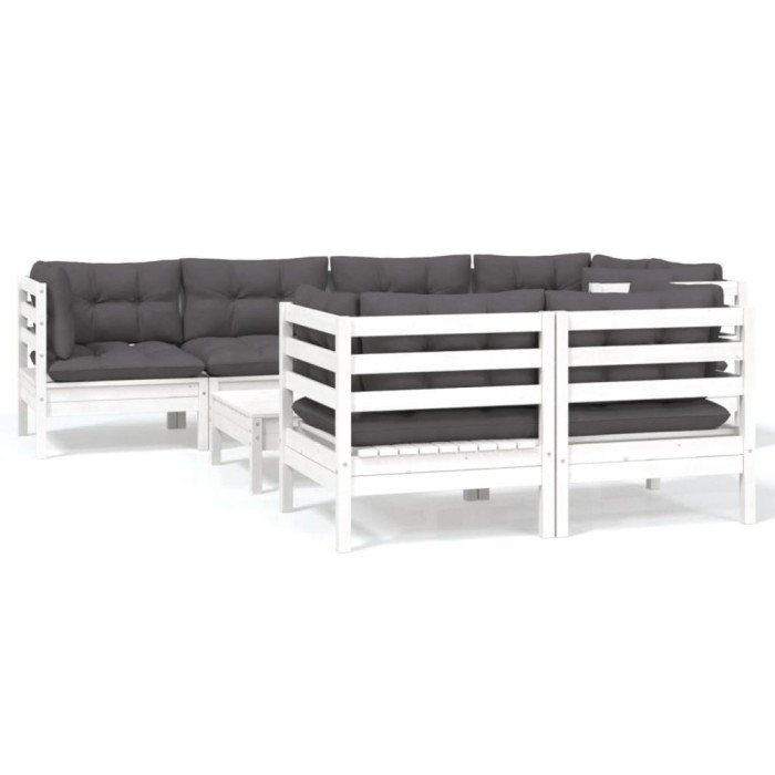 Set mobilier de gradina cu perne, 8 piese, alb, lemn masiv pin