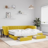 vidaXL Pat de zi cu extensie și sertare, galben, 90x200 cm, catifea
