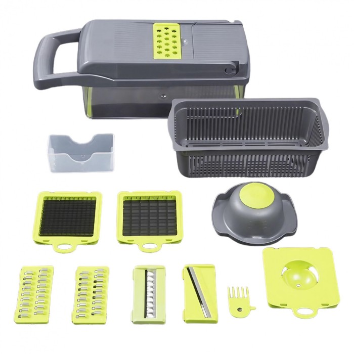 Feliator Multifunctional, Flippy, Razatoare, 8 in 1, pentru Fructe si Legume, 10 Piese, Lame de Inox, Recipient Stocare, Separator Oua, Protectie Mana