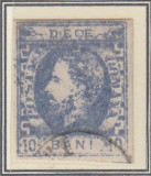 1872 LP 31c CAROL I CU BARBA10 BANI ULTRAMARIN IMPRESIUNE DEFECTUOASA T5 STAMP., Stampilat