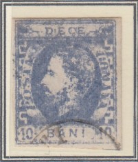 ROMANIA 1872 LP 31c CAROL I CU BARBA10 BANI ULTRAMARIN IMPRESIUNE DEFECTUOASA T5 STAMPILAT