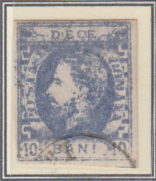 ROMANIA 1872 LP 31c CAROL I CU BARBA10 BANI ULTRAMARIN IMPRESIUNE DEFECTUOASA T5 STAMPILAT