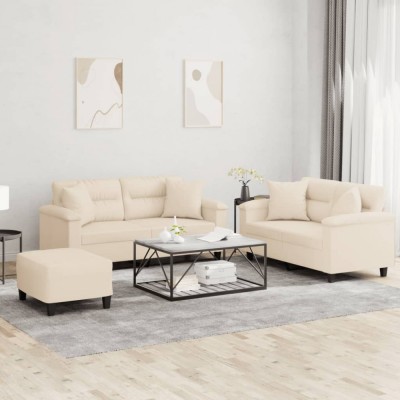 vidaXL Set de canapele cu perne, 3 piese, bej, microfibră foto