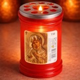 Lumanare decorativa cu imagine religioasa, recipient plastic rosu, 6,5x9,8 cm, 30 ore ardere, CMCLASS