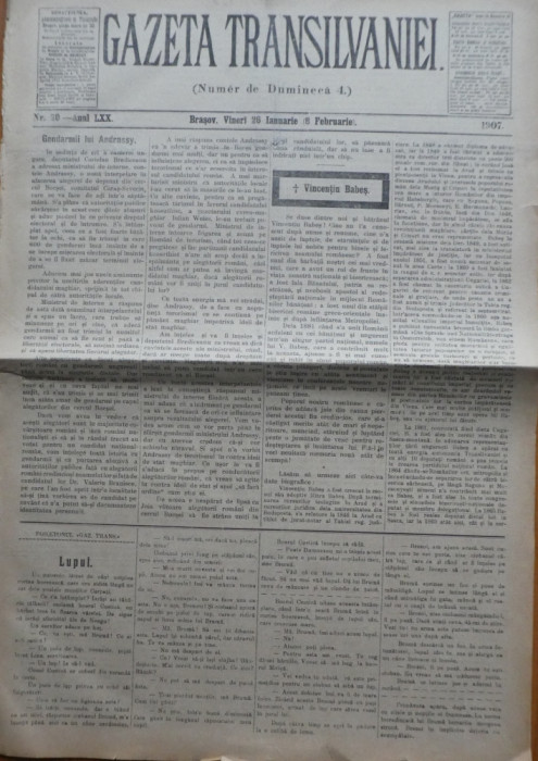 Gazeta Transilvaniei , Numer de Dumineca , Brasov , nr. 30 , 1907