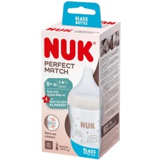Biberon Perfect Match NUK, din sticlă, cu tetina S din silicon moale, 120 ml, de la 0 luni, fără BPA, Anti-Colici, cu Controlul Temperaturii, model Cu