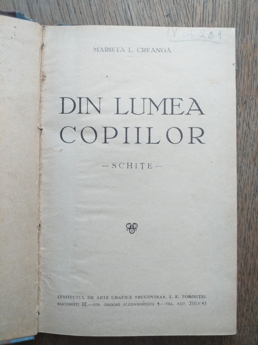 DIN VIATA COPIILOR SCHITE-MARIETA L. CREANGA, 1929