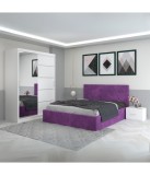 Dormitor Filip Mov cu Pat Tapitat Stofa 140x200 cm, Dulap 150x208 cm, Noptiere 48x32x35 cm