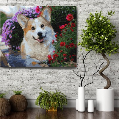 Set pictura pe numere (panza) Catel Corgi intre flori 40x50 cm foto