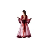 Cumpara ieftin Halat de Dama din Voal si Broderie, Semi-Transparent, cu Cordon in Talie, Bordo - MEI154