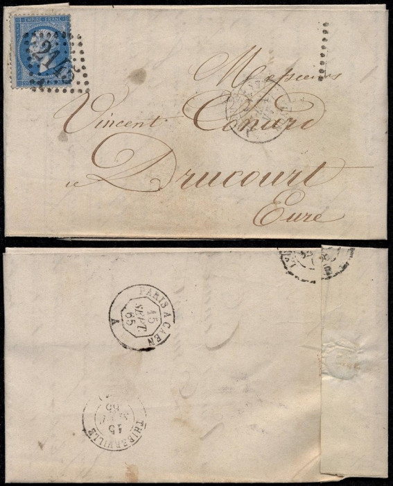 France 1865 Cover + Content Lyon to Drucourt - Railroad cancel D.779