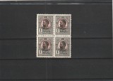 ROMANIA 1918 LP 71 I CAROL I TIPOGRAFIATE 1 BAN NEGRU CU SUPRATIPAR P.T.T.F.F. RANVERSAT SUPRATIPAR RASTURNAT BLOC DE 4 TIMBRE NESTAMPILATE, Nestampilat