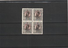 ROMANIA 1918 LP 71 I CAROL I TIPOGRAFIATE 1 BAN NEGRU CU SUPRATIPAR P.T.T.F.F. RANVERSAT SUPRATIPAR RASTURNAT BLOC DE 4 TIMBRE NESTAMPILATE