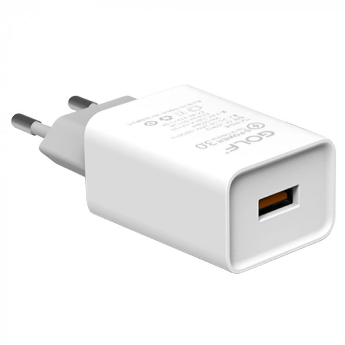 Alimentator Incarcator de la retea la 1x QC USB 3A 18W Alb GF-U206Q Golf Fast Charge