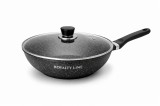 Wok Aluminiu Turnat Royalty Line, 30 cm, Acoperire Marmura, Antiaderent, Capac Sticla, Inductie
