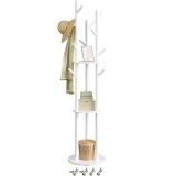 VASAGLE Cuier din lemn masiv, cu 11 agatatori si 3 rafturi, 4 roti detasabile rotative 360&deg;, 40x40x175 cm, alb Household NewTrend