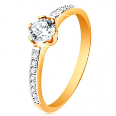Inel de logodnă din aur de 14K - zirconiu transparent, braţe cu zirconii - Marime inel: 48
