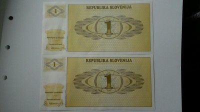 BANCNOTA SLOVENIA 1TOLAR 1990 SERIE CONSECUTIVA ,AUNC foto