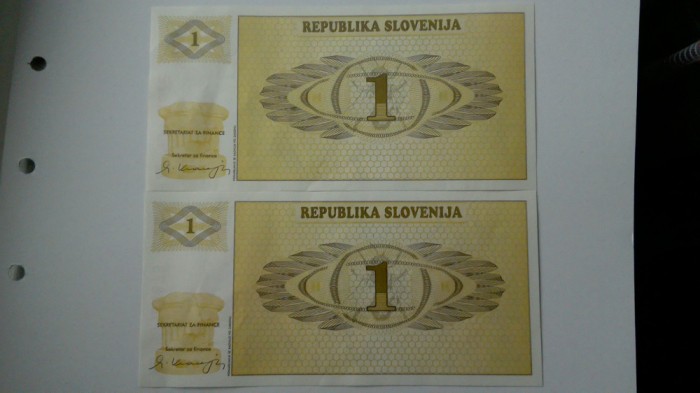 BANCNOTA SLOVENIA 1TOLAR 1990 SERIE CONSECUTIVA ,AUNC