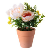 Floare bujor decorativa in ghiveci ceramic,crem,18 cm, Oem