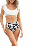 Cumpara ieftin Costum de baie pentru femei, 2 piese, sutien cu volane, si slip modern, marime XL, imprimeu alb cu negru, perfect pentru plaja sau inot Negru I Alb XL, Oem