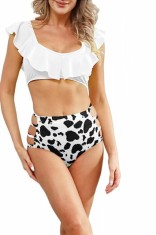 Costum de baie pentru femei, 2 piese, sutien cu volane, si slip modern, marime L, imprimeu alb cu negru, perfect pentru plaja sau inot Negru L INTL