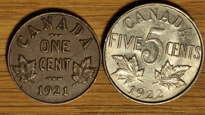 Canada -set de colectie interbelic- 1 cent 1921+ 5 cents 1922 -GeorgeV- superbe! foto