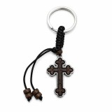 Cumpara ieftin Breloc maro-argintiu 9 cm cu cruce 4 x 2,4 cm, grosime 4 mm, inel 2,9 cm, snur negru cu margele, accesoriu crestin pentru chei si marturii botez