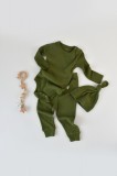 Set 3 piese: body cu maneca lunga, pantaloni lungi si caciulita din bumbac organic si modal - Verde, BabyCosy (Marime: 3-6 Luni)