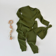 Set 3 piese: body cu maneca lunga, pantaloni lungi si caciulita din bumbac organic si modal - Verde, BabyCosy (Marime: 6-9 luni)