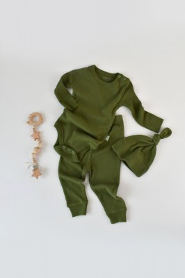 Set 3 piese: body cu maneca lunga, pantaloni lungi si caciulita din bumbac organic si modal - Verde, BabyCosy (Marime: 3-6 Luni) foto