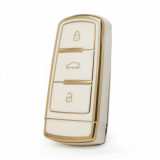 Husa Cheie VW Passat CC Passat B6 B7, Tpu, Alb cu contur auriu - Pentru model cu keyless AutoProtect KeyCars, Oem