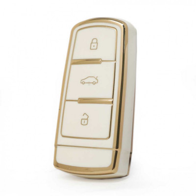 Husa Cheie VW Passat CC Passat B6 B7, Tpu, Alb cu contur auriu - Pentru model cu keyless foto