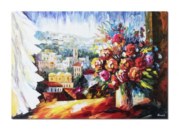 Tablou pictat manual living - O zi minunata, stilizat - 100x70cm ulei pe panza in cutit efect 3D, Magistral!