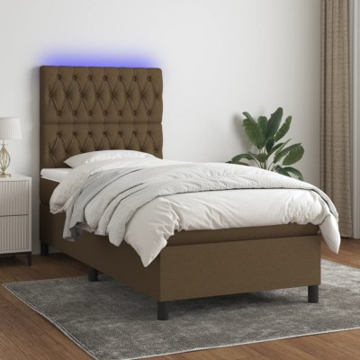 vidaXL Pat cu arcuri, saltea și LED, maro &amp;icirc;nchis, 90x190 cm, textil 3135080 foto