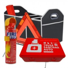 Pachet RAR Trusa medicala auto + Stingator auto + Triunghi + Organizator Portbagaj