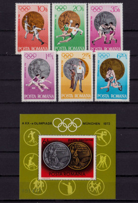 RO 1972 LP 805/806 ,&amp;quot;JO Munchen - Medalii Olimpice &amp;quot; , serie+colita , MNH foto