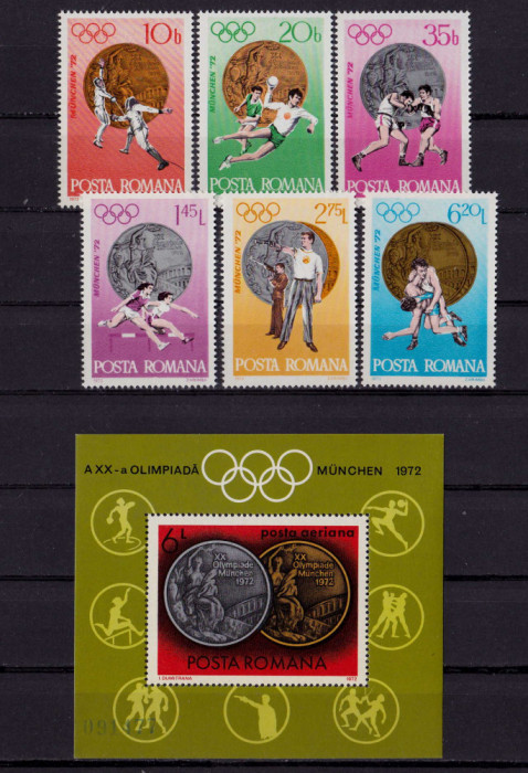 RO 1972 LP 805/806 ,&quot;JO Munchen - Medalii Olimpice &quot; , serie+colita , MNH