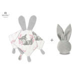 Cumpara ieftin Set jucarie de plus, MimiNu, Cu urechi si labute + Jucarie zornaitoare Mini Bunny, Materiale certificat Oeko Tex Standard 100, Lulu Rose/Grey