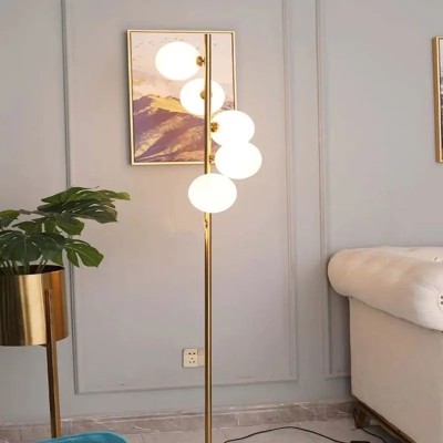 Lampadar de podea cu 5 globuri albe, dulie G9, corp auriu, &amp;icirc;nălțime 177 cm foto