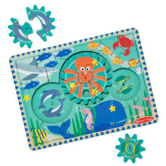 Puzzle educativ din lemn, cu rotite dintate, Oceanul, 8 piese, pentru copii 3 ani+, Melissa&Doug 31003